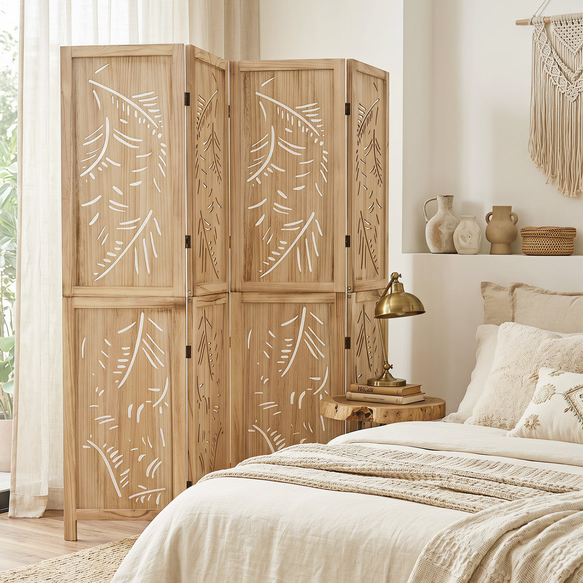 4-Panel Wooden Room Divider with Palm Leaf Design & Paulownia Frame - Costway