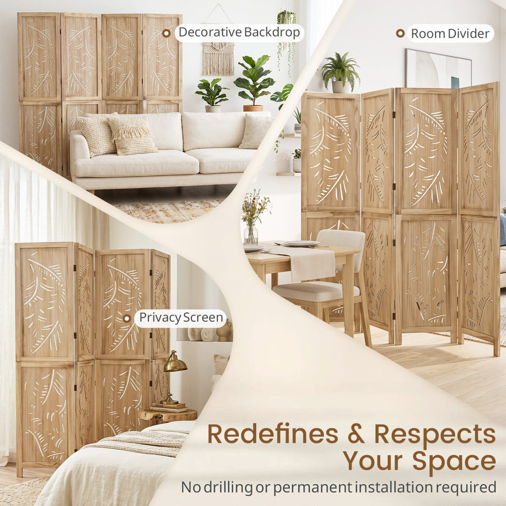 4-Panel Wooden Room Divider with Palm Leaf Design & Paulownia Frame - Costway