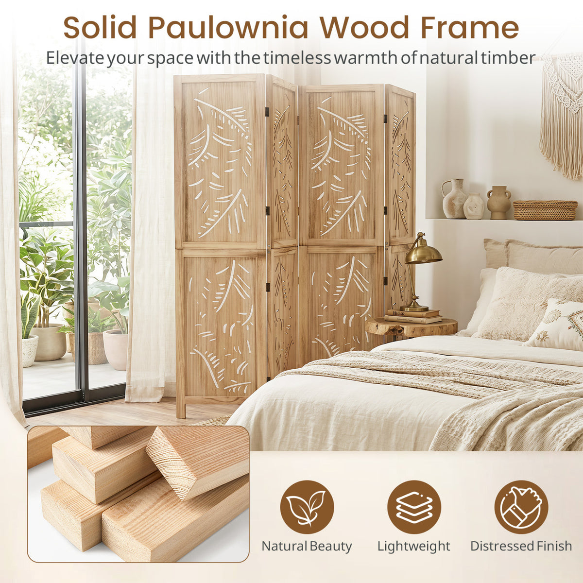 4-Panel Wooden Room Divider with Palm Leaf Design & Paulownia Frame - Costway
