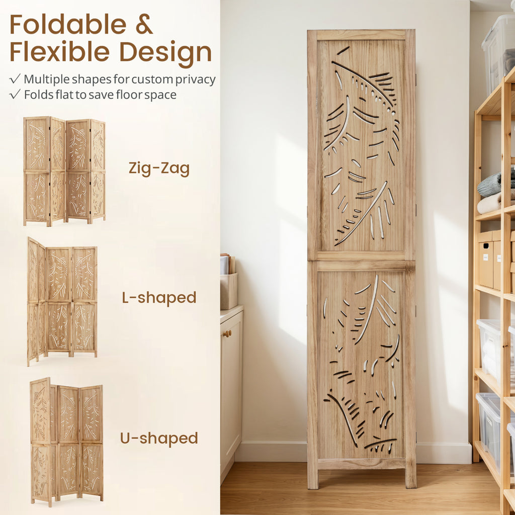 4-Panel Wooden Room Divider with Palm Leaf Design & Paulownia Frame - Costway