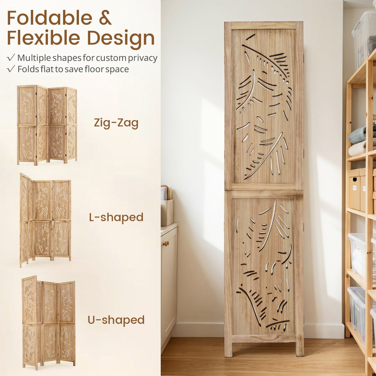 4-Panel Wooden Room Divider with Palm Leaf Design & Paulownia Frame - Costway