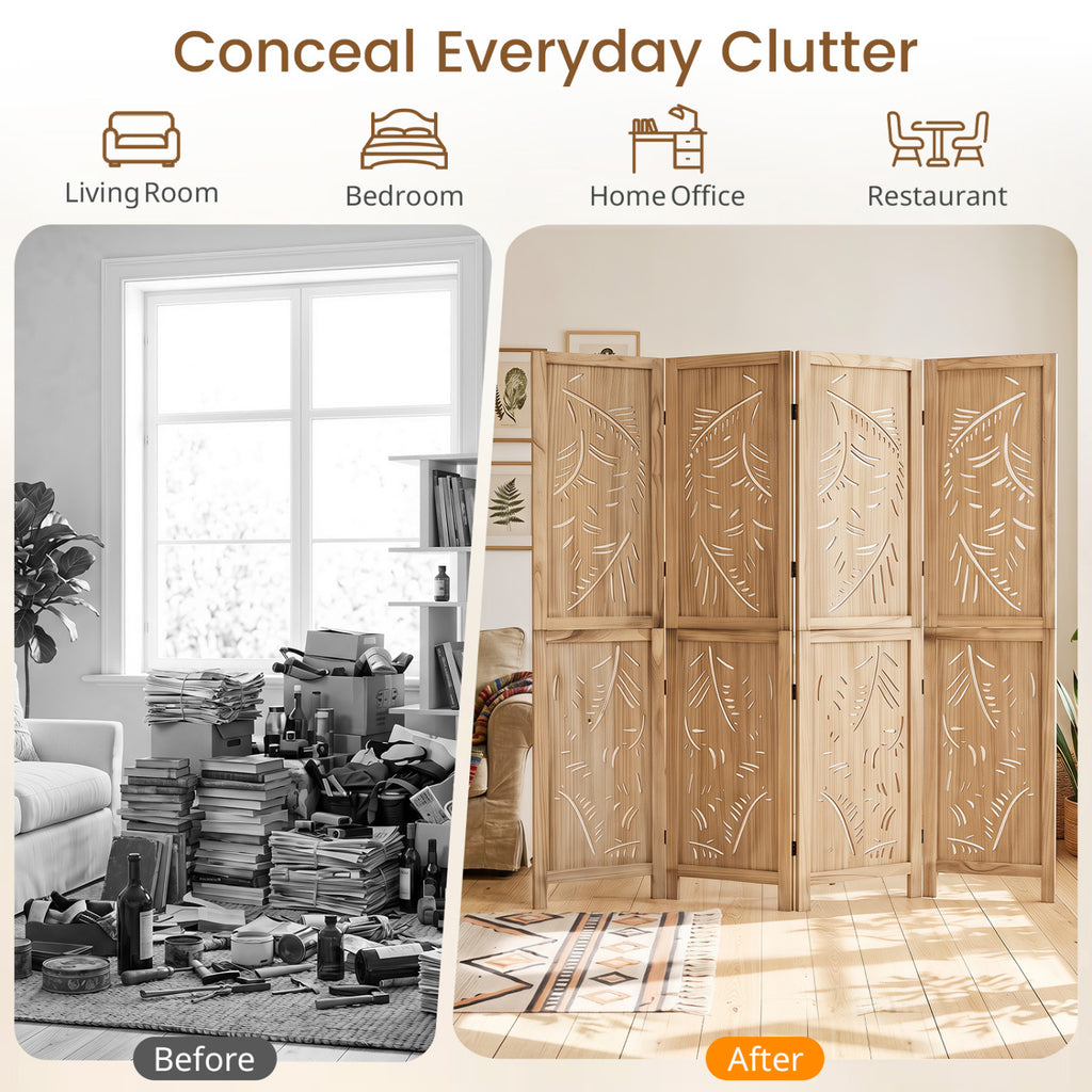 4-Panel Wooden Room Divider with Palm Leaf Design & Paulownia Frame - Costway