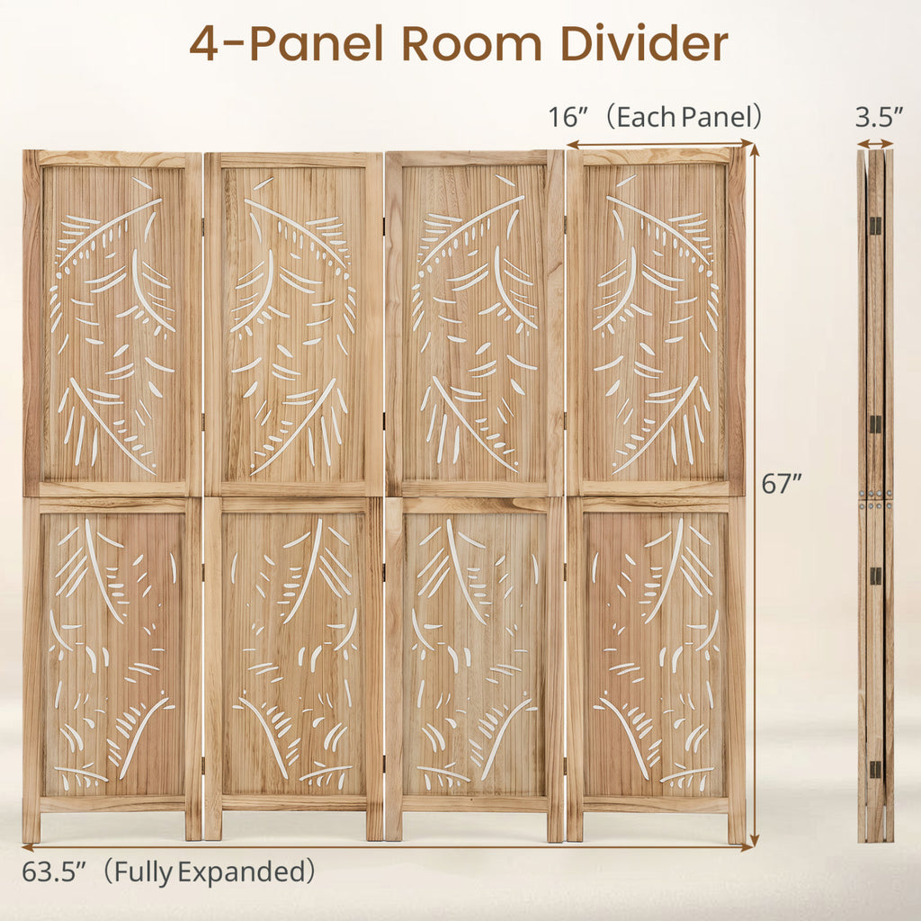 4-Panel Wooden Room Divider with Palm Leaf Design & Paulownia Frame - Costway