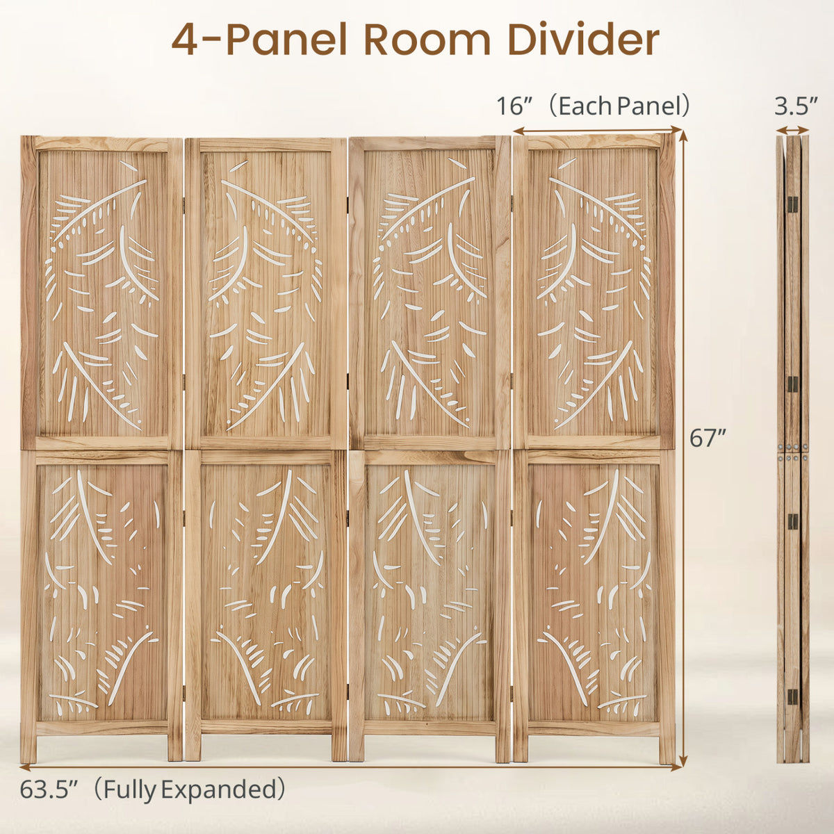 4-Panel Wooden Room Divider with Palm Leaf Design & Paulownia Frame - Costway