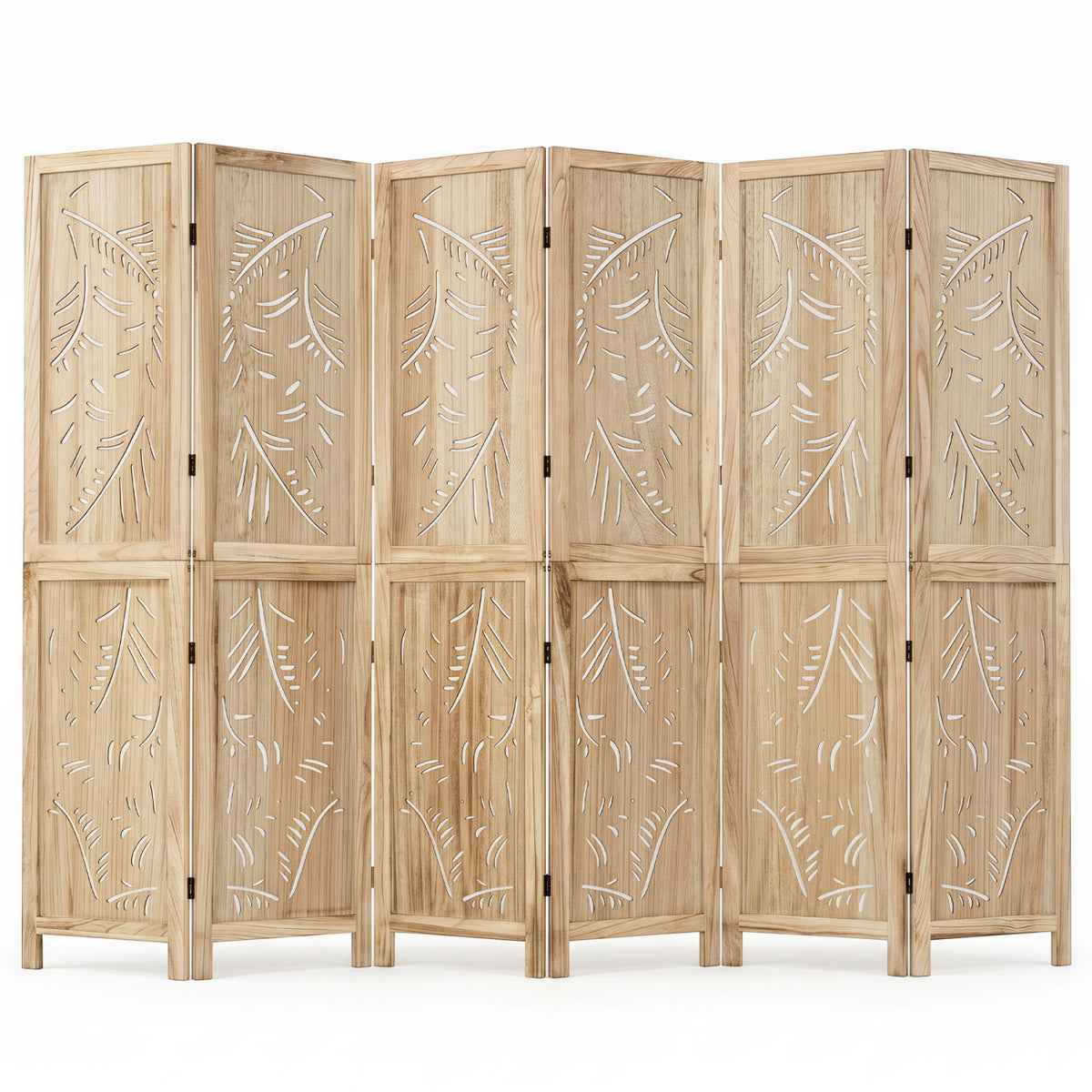 3-Panel Wooden Room Divider with Palm Leaf Design & Paulownia Frame - 3-Panel