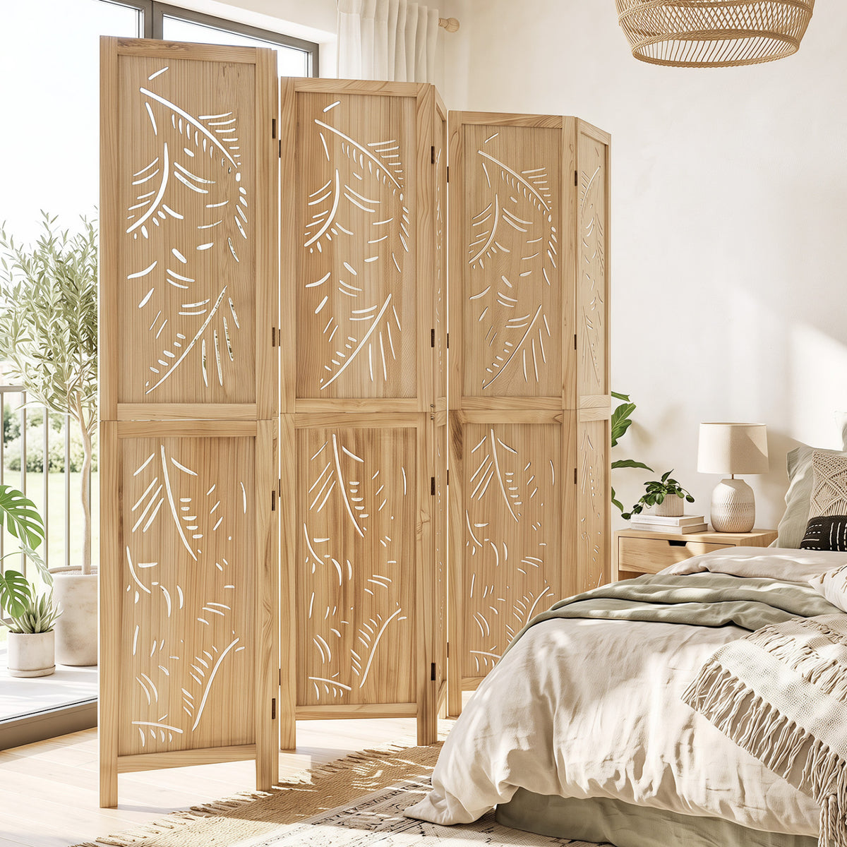 6-Panel Wooden Room Divider with Palm Leaf Design & Paulownia Frame - 6-Panel