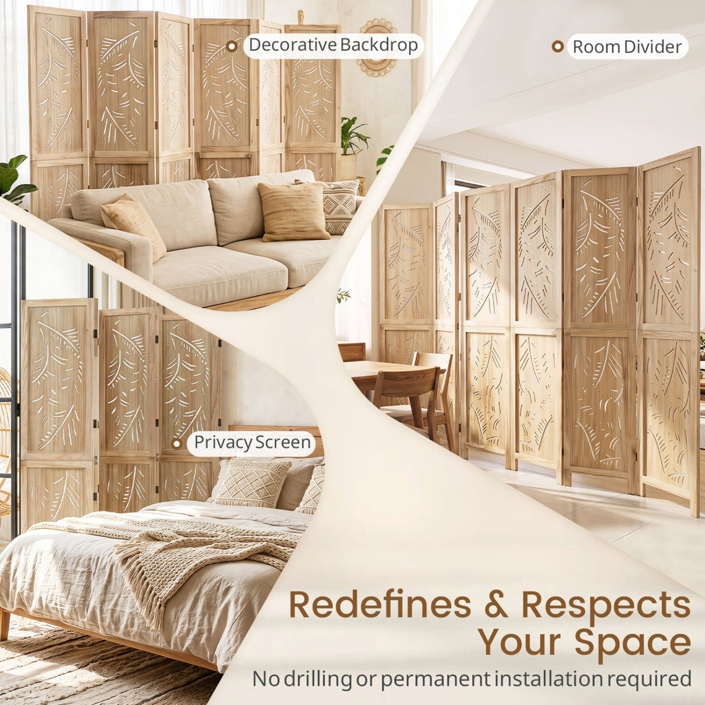 6-Panel Wooden Room Divider with Palm Leaf Design & Paulownia Frame - 6-Panel