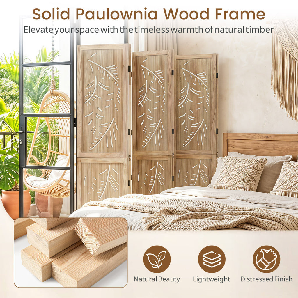 6-Panel Wooden Room Divider with Palm Leaf Design & Paulownia Frame - 6-Panel