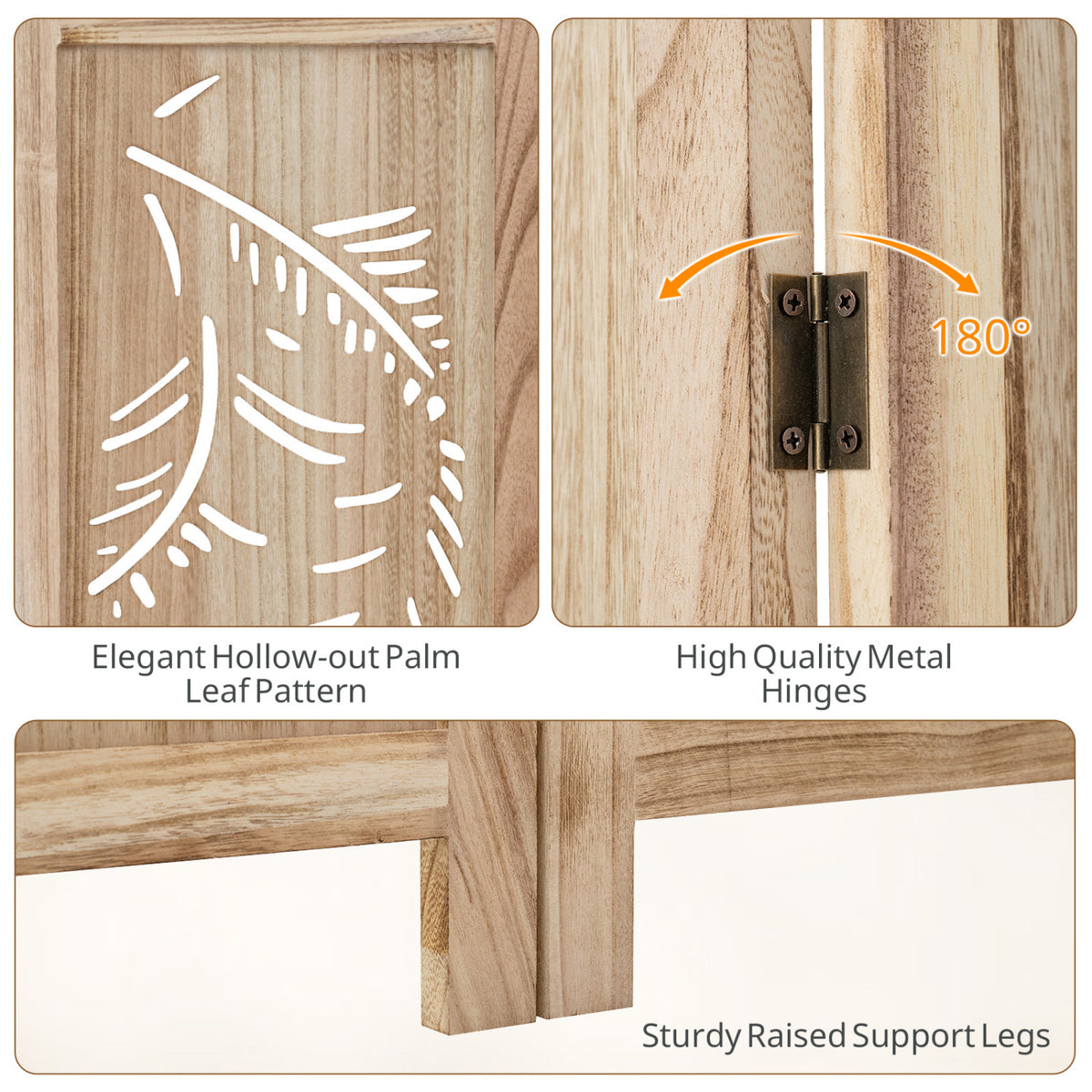 6-Panel Wooden Room Divider with Palm Leaf Design & Paulownia Frame - 6-Panel