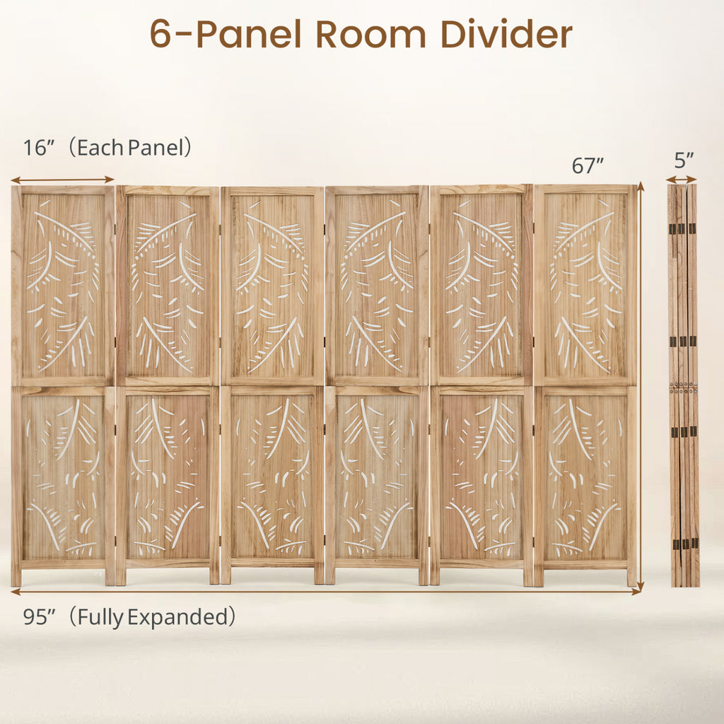 6-Panel Wooden Room Divider with Palm Leaf Design & Paulownia Frame - 6-Panel