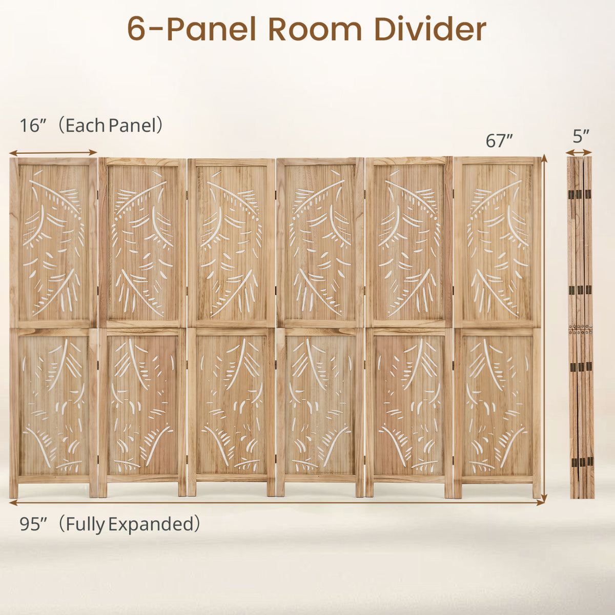 6-Panel Wooden Room Divider with Palm Leaf Design & Paulownia Frame - 6-Panel