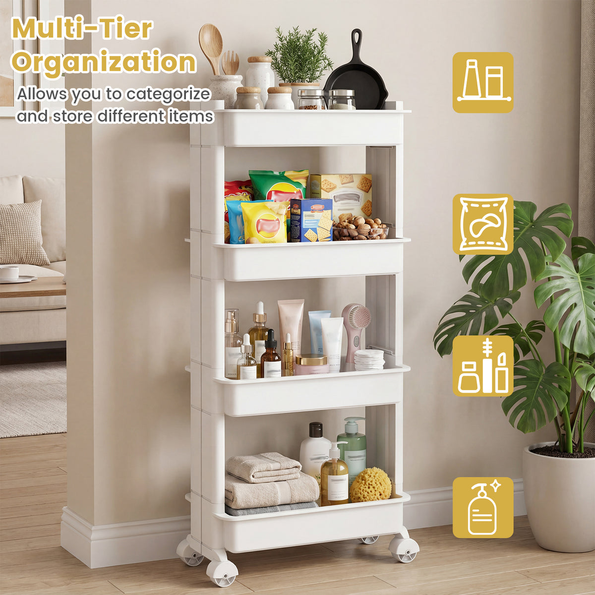 4-Tier Rolling Utility Cart with Detachable Trays