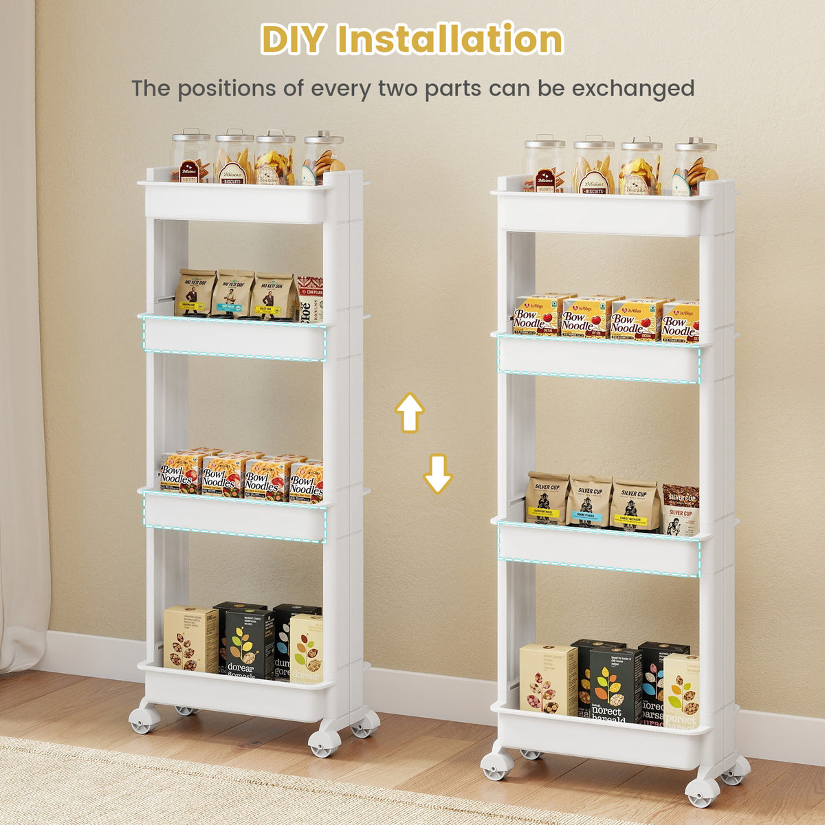 4-Tier Rolling Utility Cart with Detachable Trays