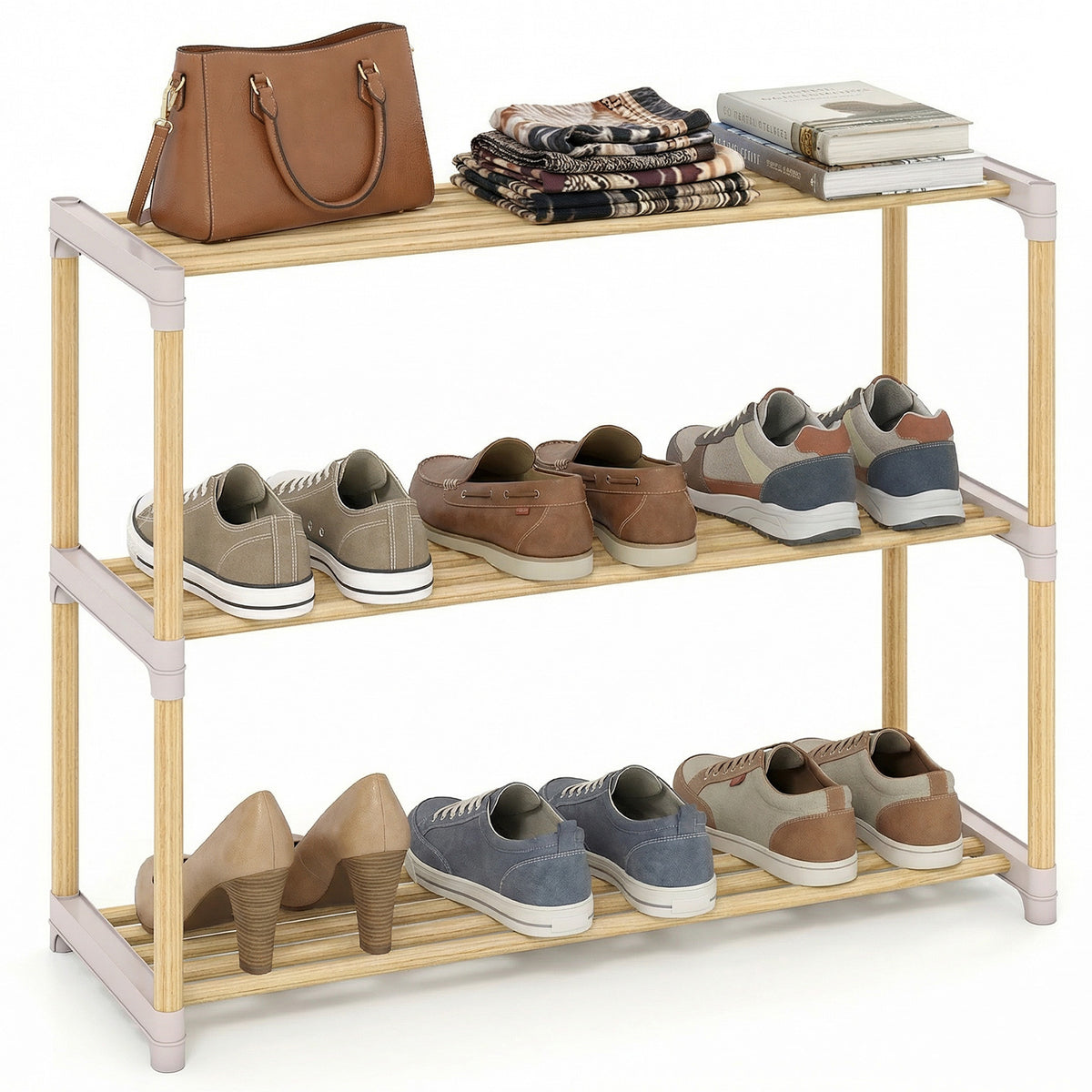 3-Tier Solid Wood Shoe Rack with Open Shelves