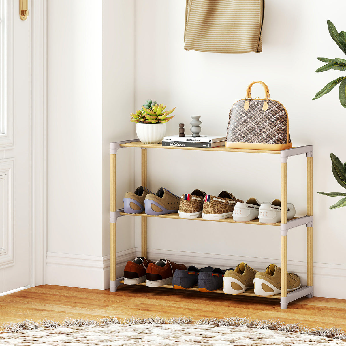 3-Tier Solid Wood Shoe Rack with Open Shelves