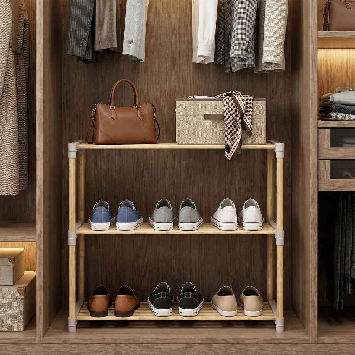 3-Tier Solid Wood Shoe Rack with Open Shelves