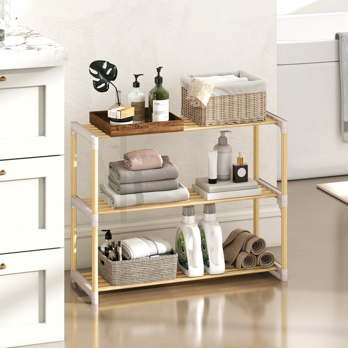 3-Tier Solid Wood Shoe Rack with Open Shelves