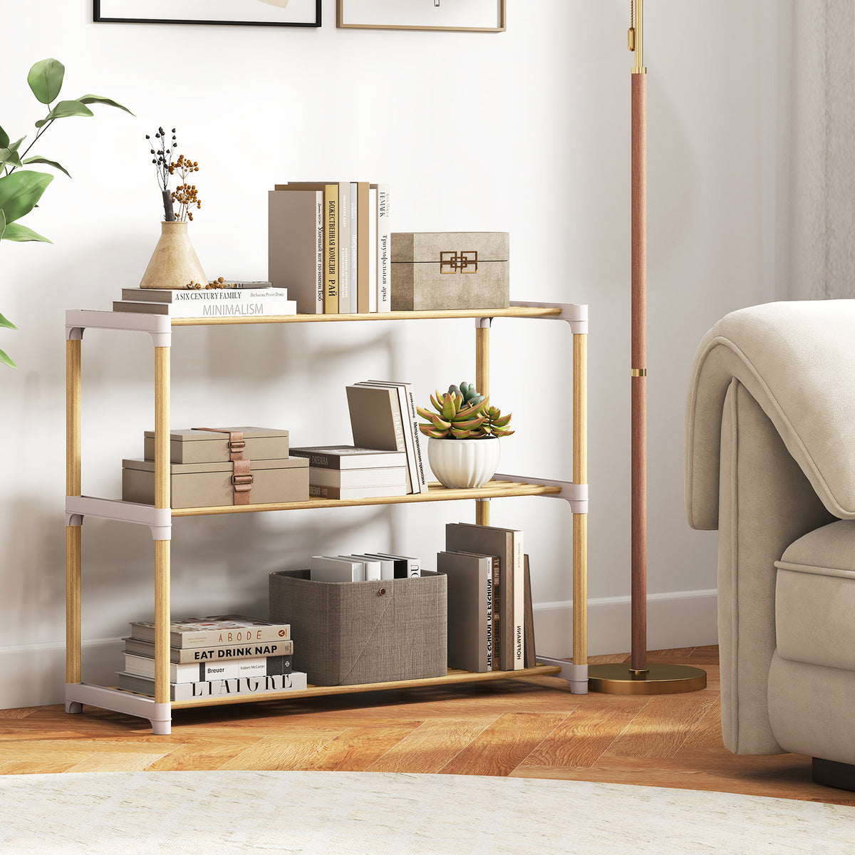 3-Tier Solid Wood Shoe Rack with Open Shelves