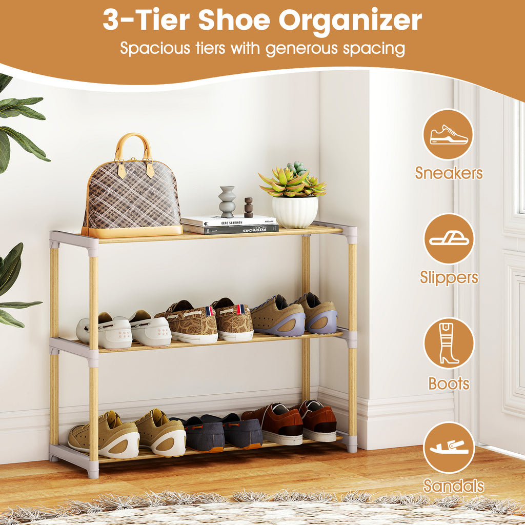 3-Tier Solid Wood Shoe Rack with Open Shelves