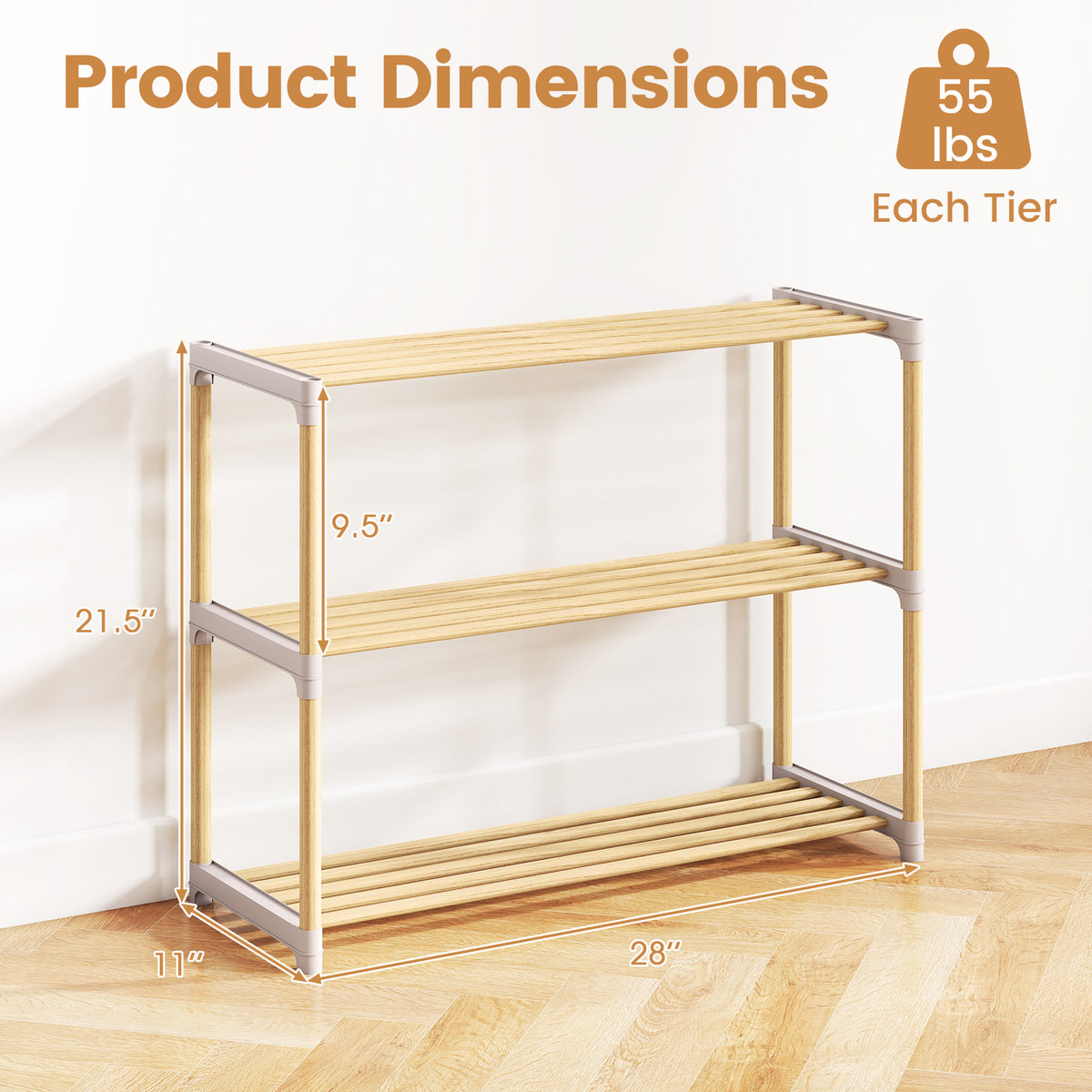 3-Tier Solid Wood Shoe Rack with Open Shelves
