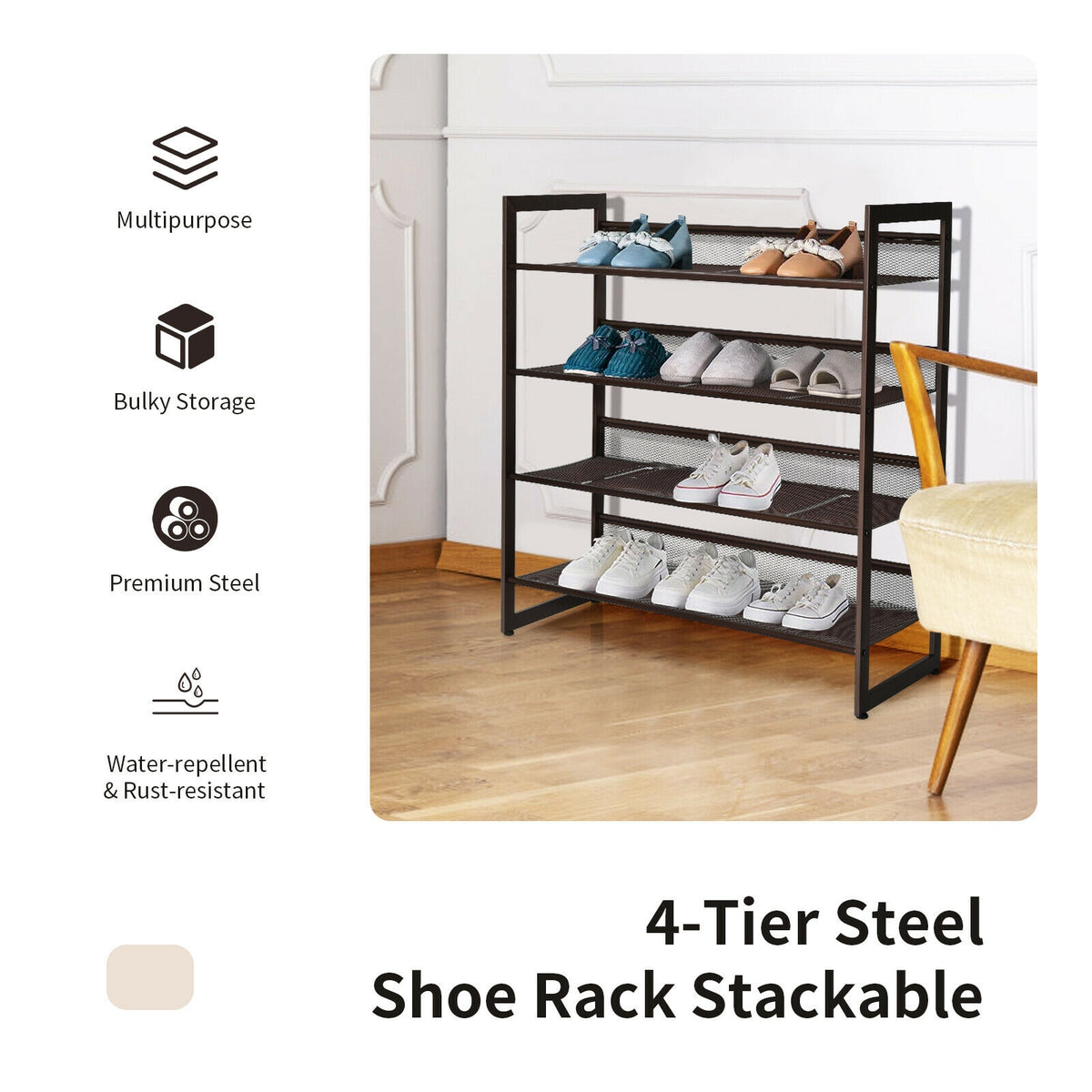 4-Tier Metal Shoe Rack with Flat & Angled Shelves