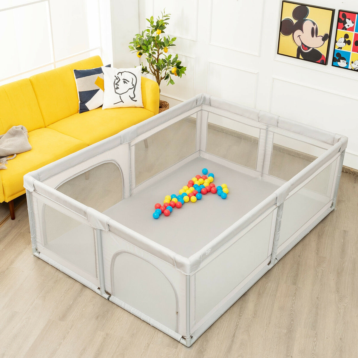 Gray 81 x 58 Inch Baby Playpen with 50 Ocean Balls & Zipper Doors - Safety & Kids Activity