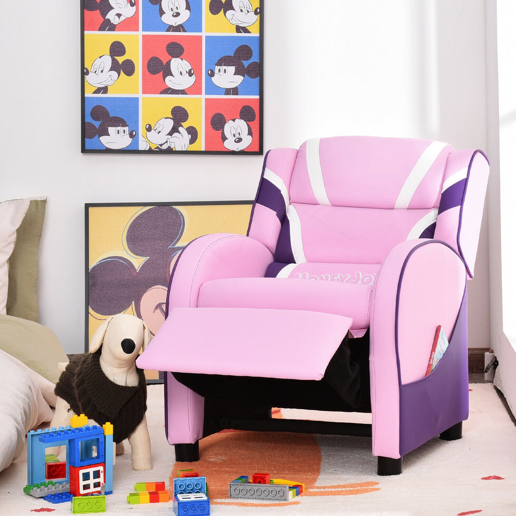 Kids Leather Recliner Chair with Side Pockets - Pink, Style B, Adjustable