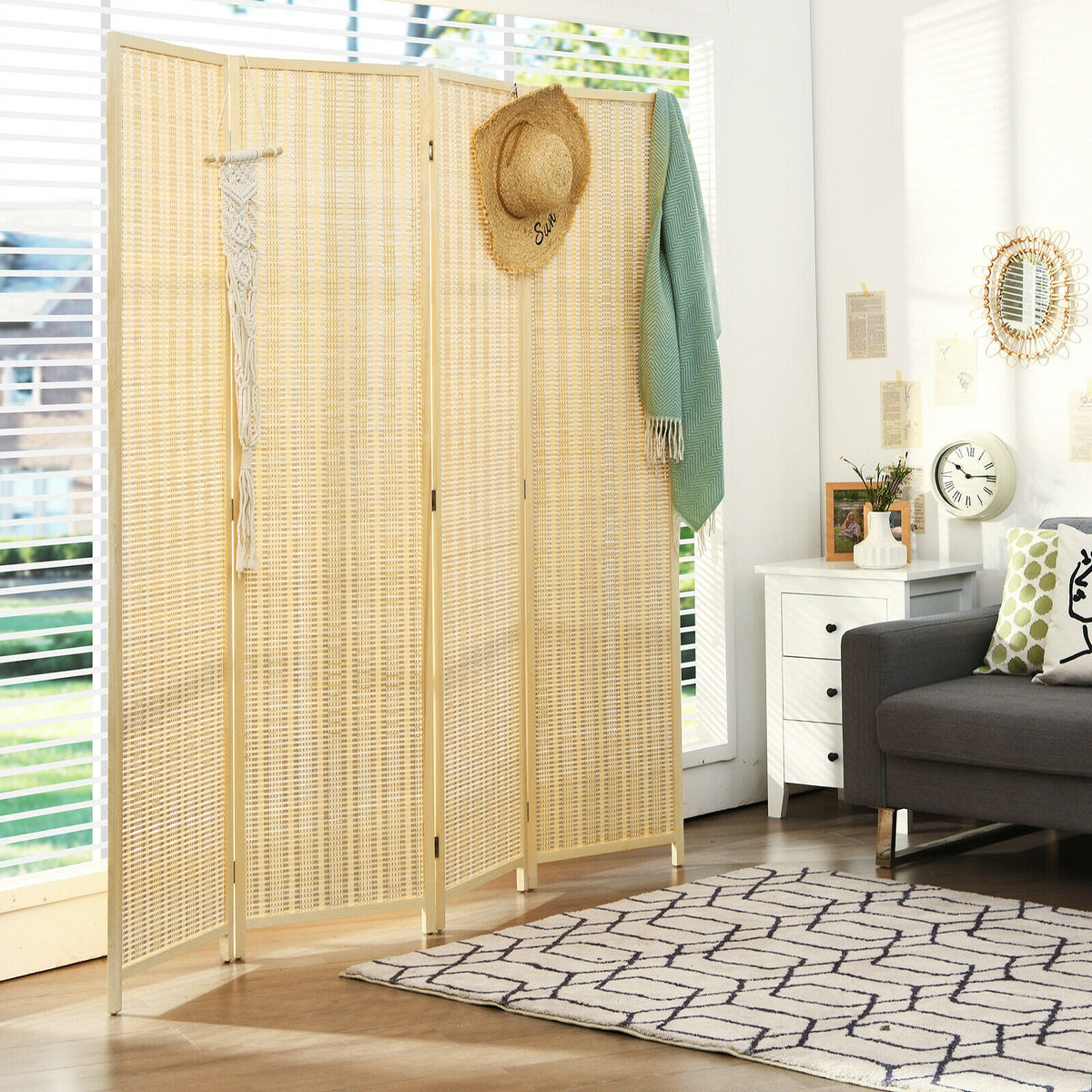Natural 6 ft 4-Panel Portable Folding Room Divider Screen - Space Saver Privacy