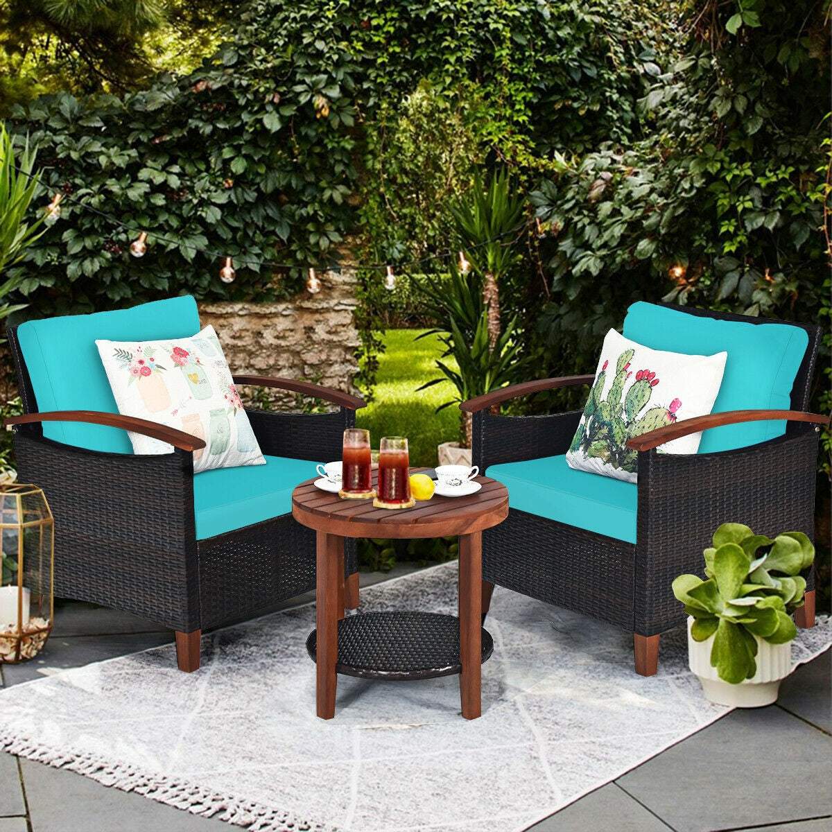 3-Piece Patio Wicker Furniture Set with Cushions - Turquoise