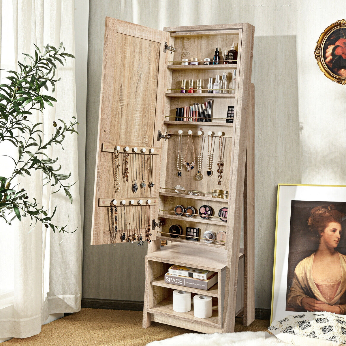 Wooden Jewelry & Cosmetics Storage Cabinet with Mirror