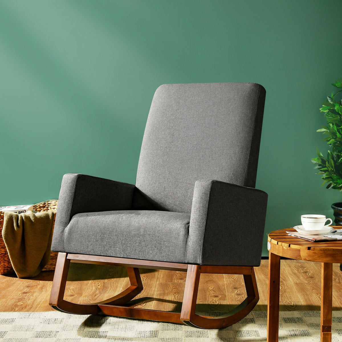 Rocking High Back Upholstered Armchair with Side Pocket - Gray
