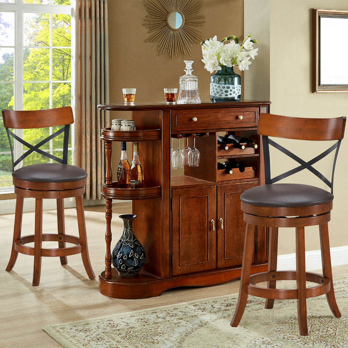 Set of 2 Bar Stools 360-Degree Swivel X-Back 25 inches
