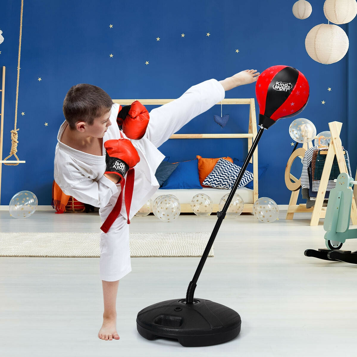 Kids Inflatable Punching Bag with Stand & Adjustable Height 32-48 Inch Black & Red - Ages 3+