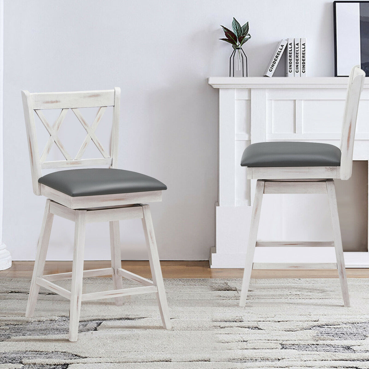 25 Inch Swivel Counter Height Bar Stools Set - Soft Cushion, White