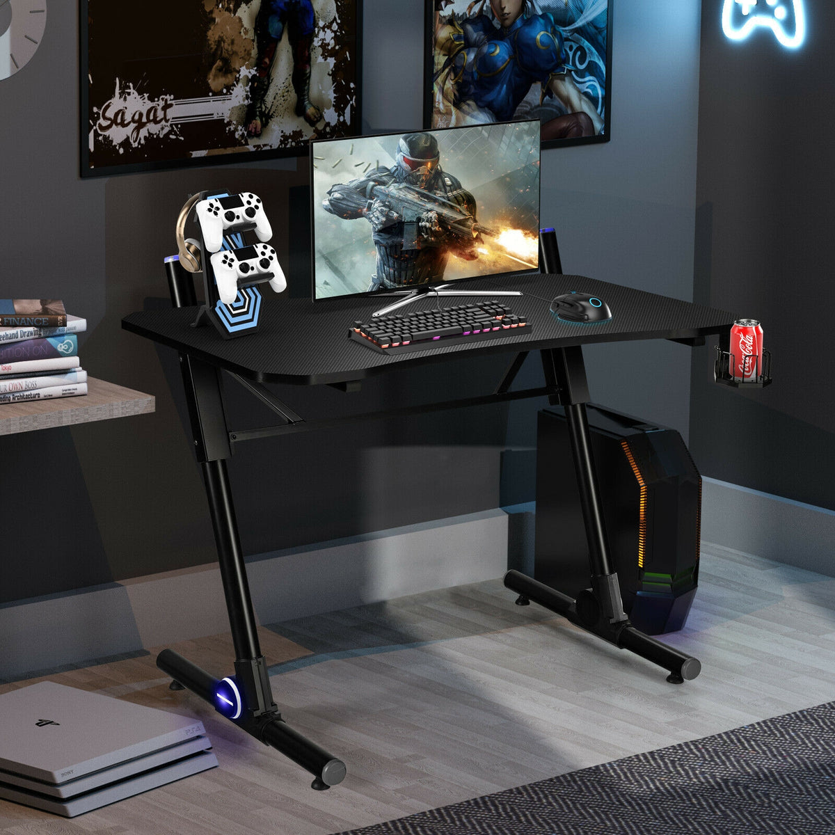 43.5" Height Adjustable Gaming Desk with Blue LED Lights