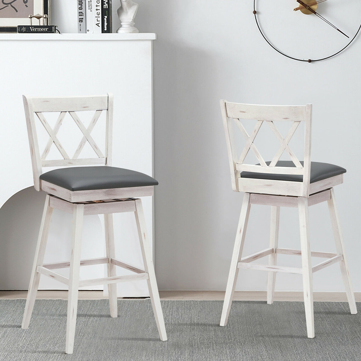 2-Piece Counter Height Barstool Set with Swivel Seat - White Cushion