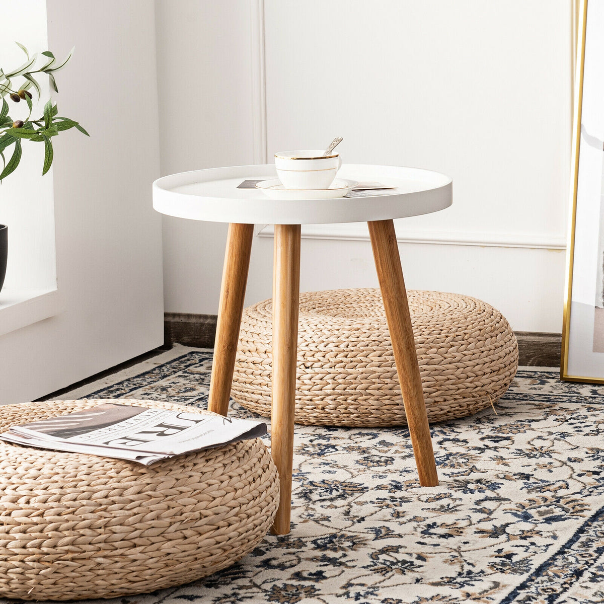 Mid Century Modern Round Coffee Table with Bamboo Feet, White