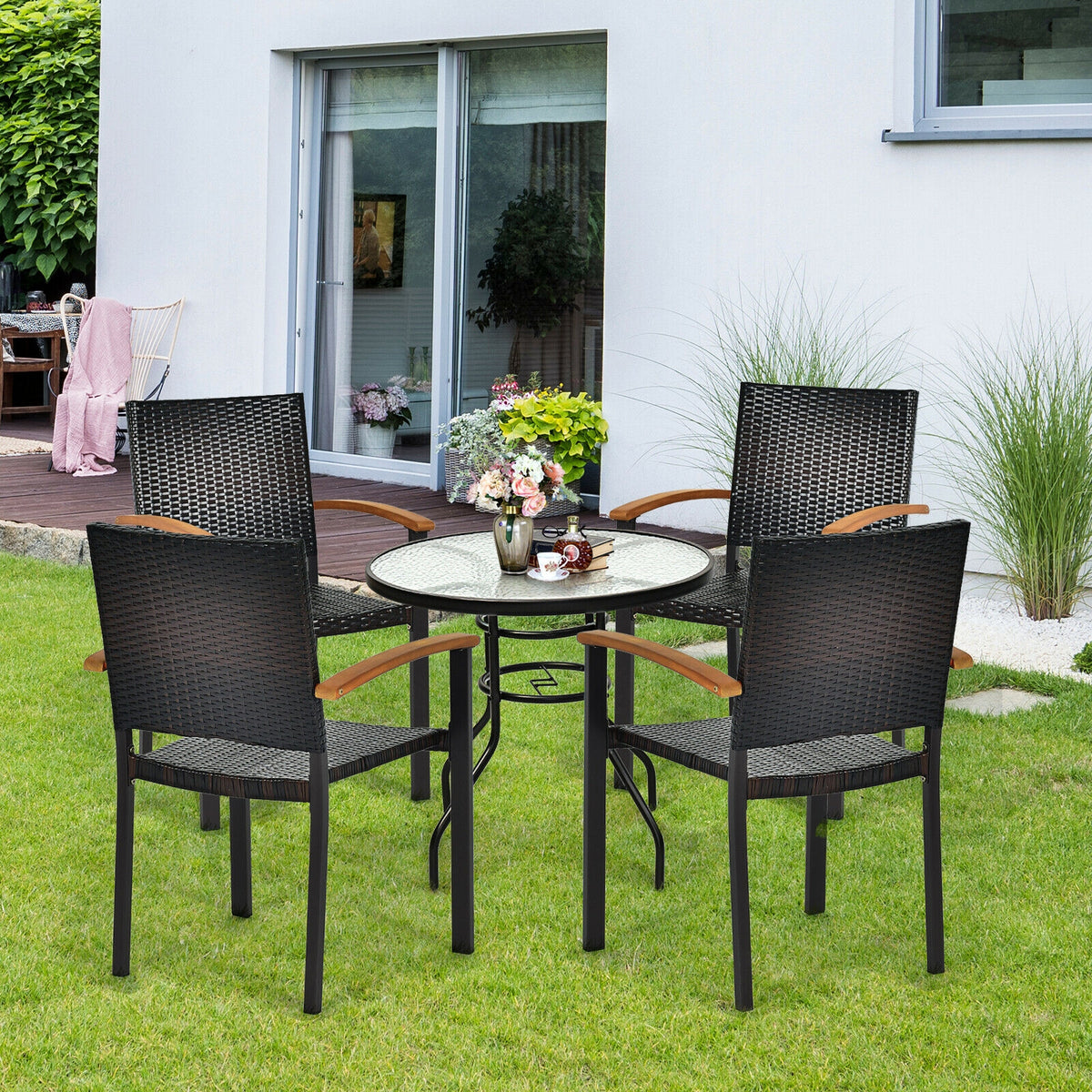 Set of 4 Outdoor Patio PE Rattan Dining Chairs with Powder-coated