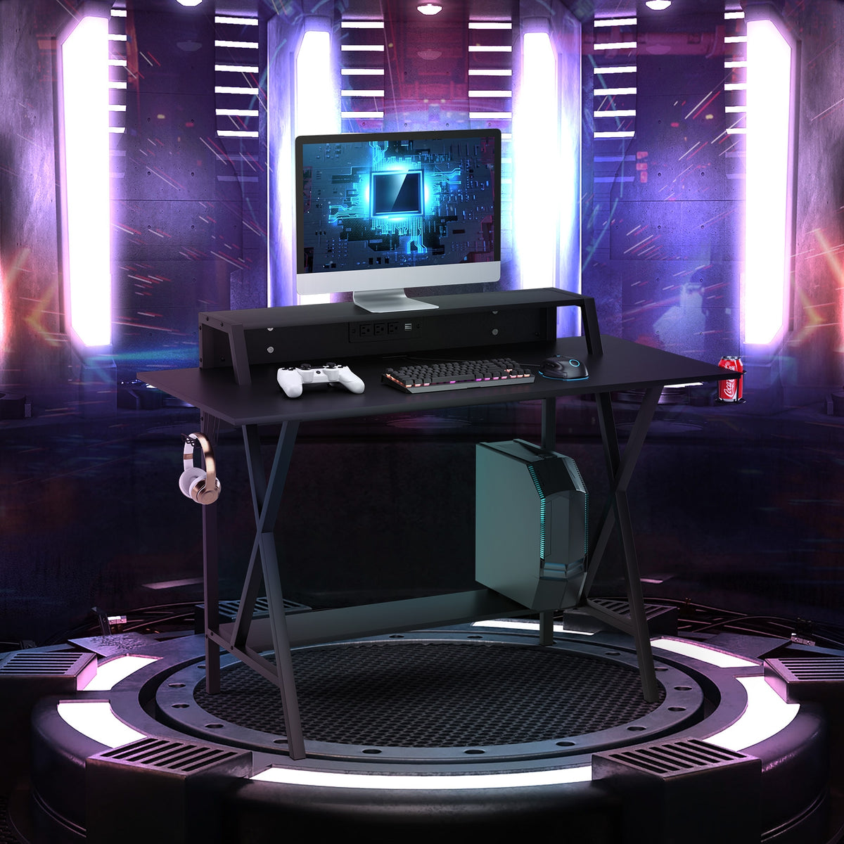 Gaming Desk with Monitor Shelf, Cup & Headphone Holder