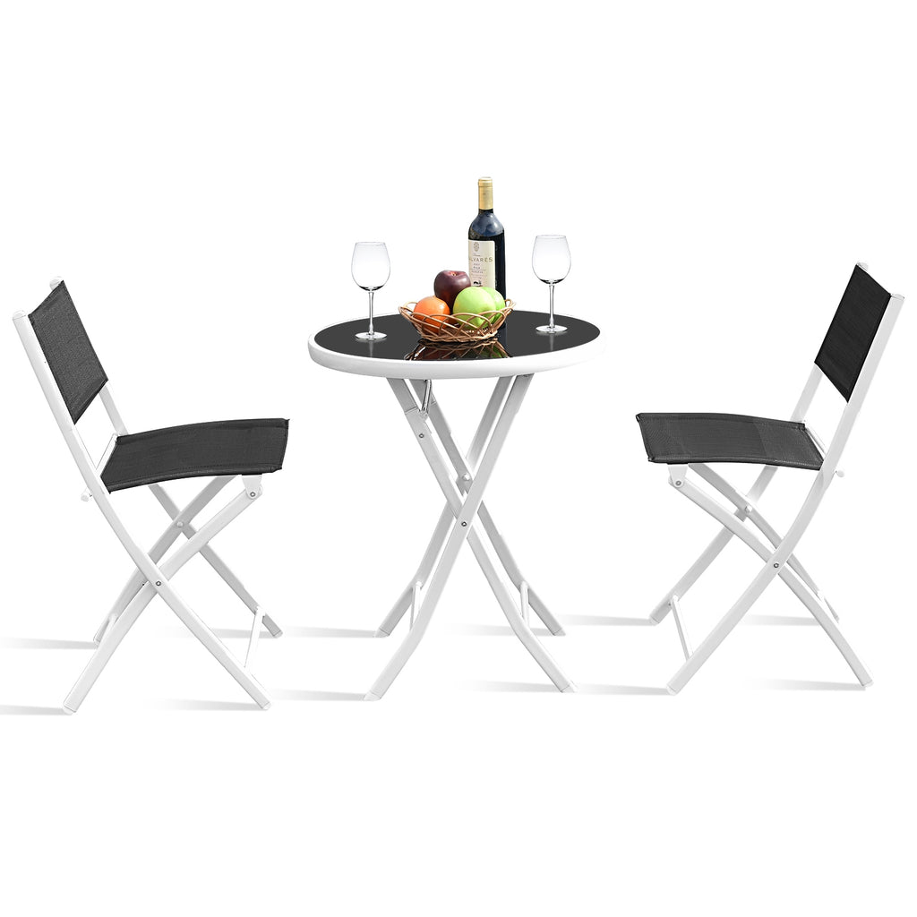 3-Piece Patio Bistro Set with Folding Chairs & Glass Table - Black Textile