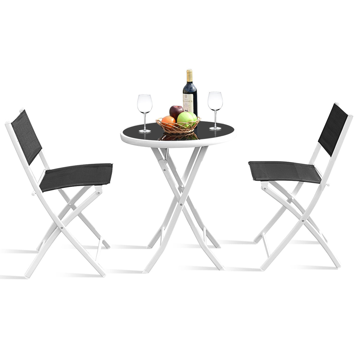 3-Piece Patio Bistro Set with Folding Chairs & Glass Table - Black Textile