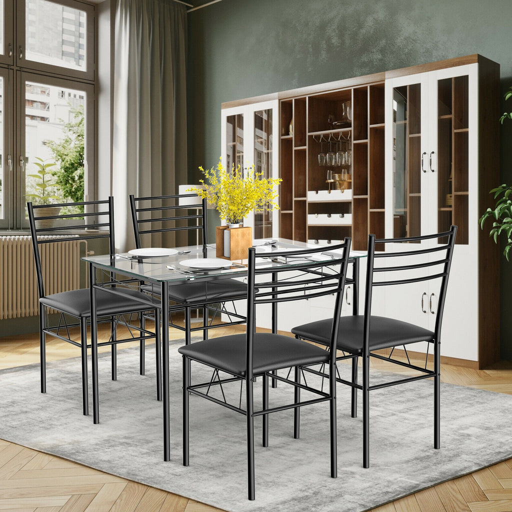 5-Piece Dining Set with Tempered Glass Top Table and 4 Upholstered Chairs