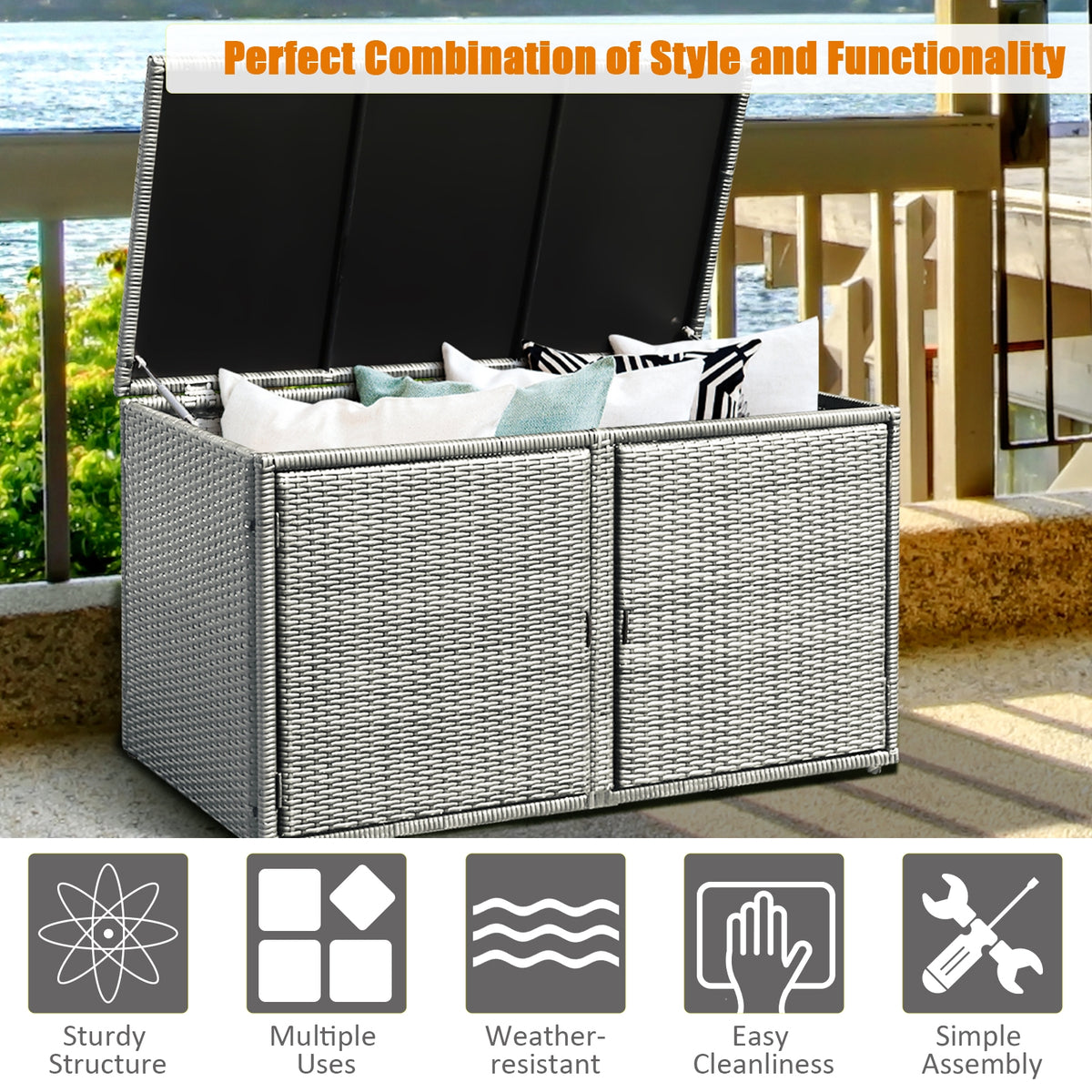 88 Gallon Rattan Storage Box - Outdoor Patio Bench