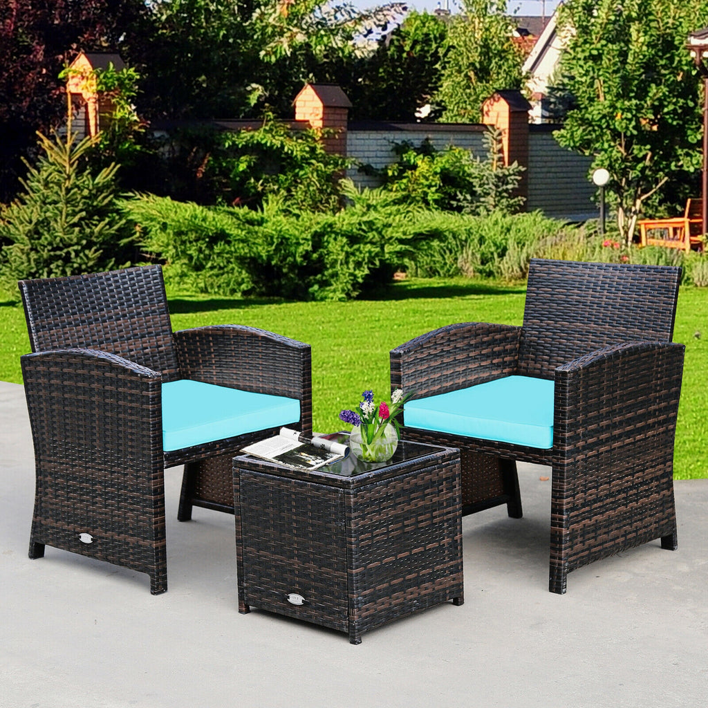 3 Pieces PE Rattan Wicker Furniture Set with Cushion Sofa Coffee