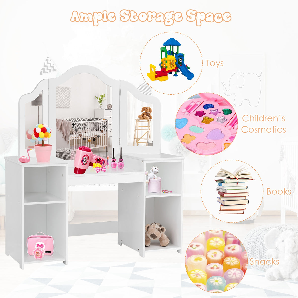 Kids Vanity Dressing Table with Tri-Fold Mirror & Storage - White, Detachable Design