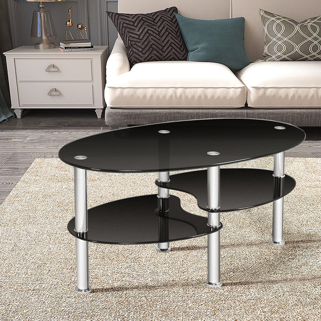 Tempered Glass Oval Coffee Table with Storage – Black