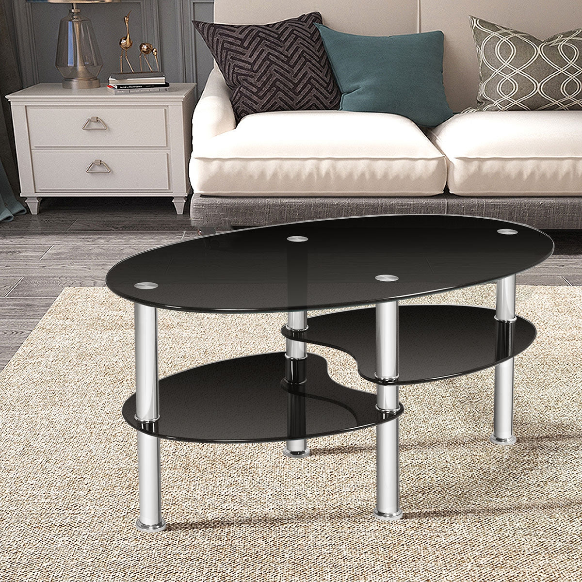 Tempered Glass Oval Coffee Table with Storage – Black