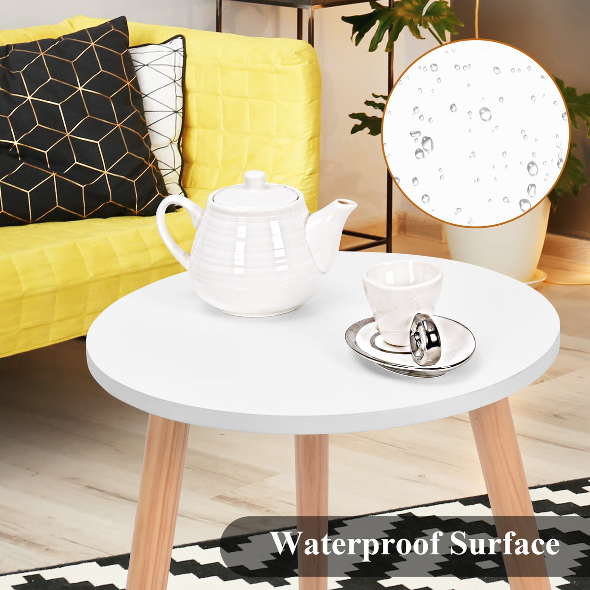 16 Inch Modern Round Coffee Table - Pine Wood