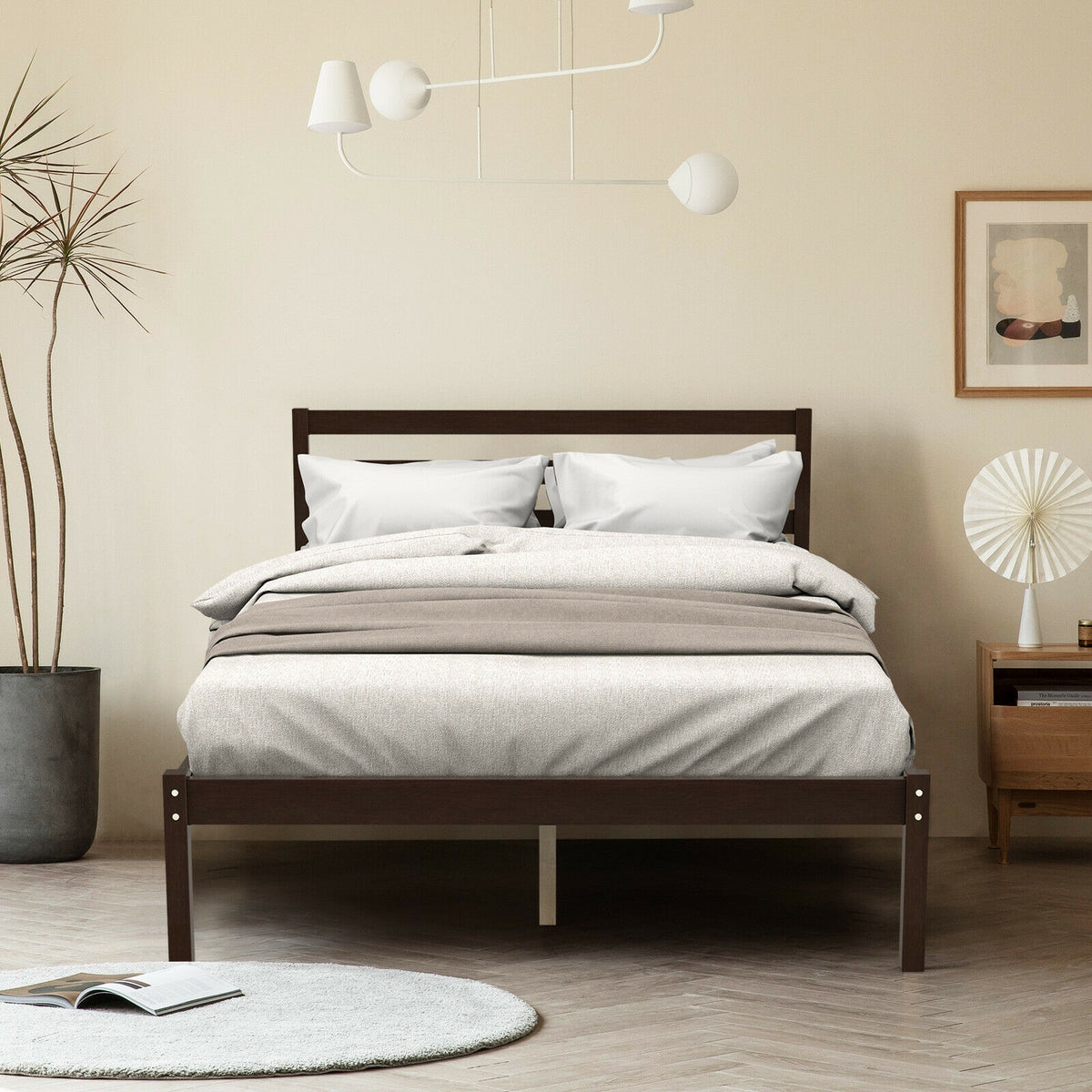 Full Size Bed Frame with Wooden Headboard & Slat Support