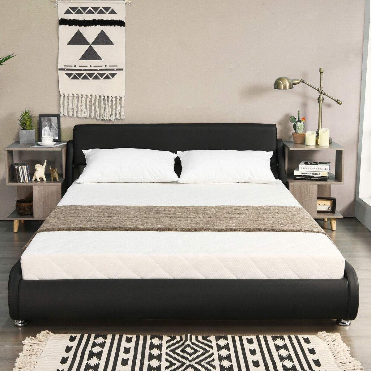 Full Size Platform Bed with Adjustable Headboard - Black Faux Leather